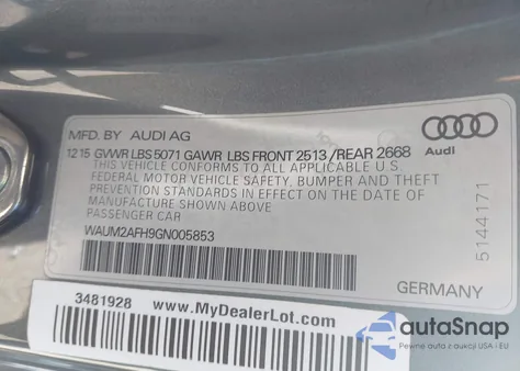 2016 Audi A5 2.0T Premium z USA, uszkodzony, nr VIN WAUM2AFH9GN005853